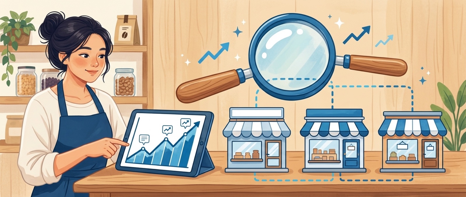 Ilustrasi analisis pasar dan pesaing dengan kaca pembesar dan grafik