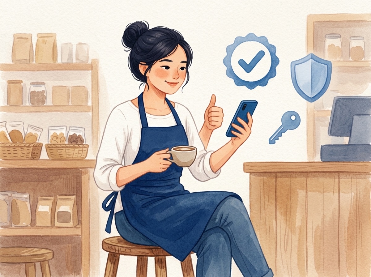 Pemilik toko santai sambil mengacungkan jempol melihat ponsel