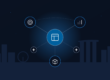 Illustration of integrated ERP modules connected to a central hub against the Singapore skyline