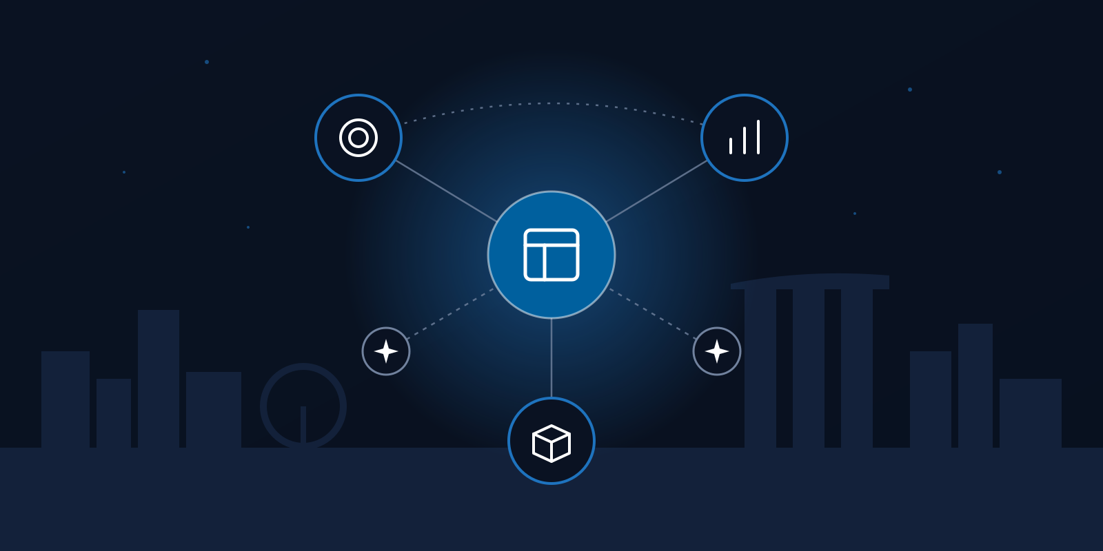 Illustration of integrated ERP modules connected to a central hub against the Singapore skyline