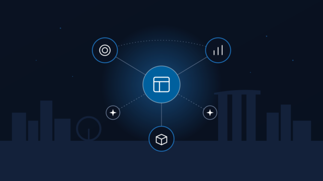 Illustration of integrated ERP modules connected to a central hub against the Singapore skyline