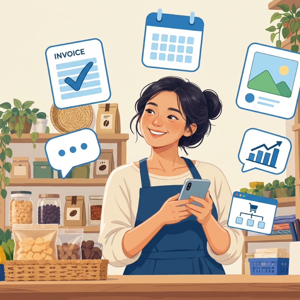 Shop owner smiling at her phone, surrounded by documents and messages handled by Karyawan Digital