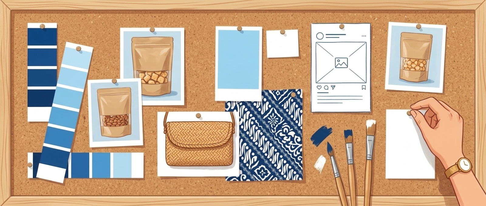 Ilustrasi papan moodboard berisi foto produk, warna, dan motif batik