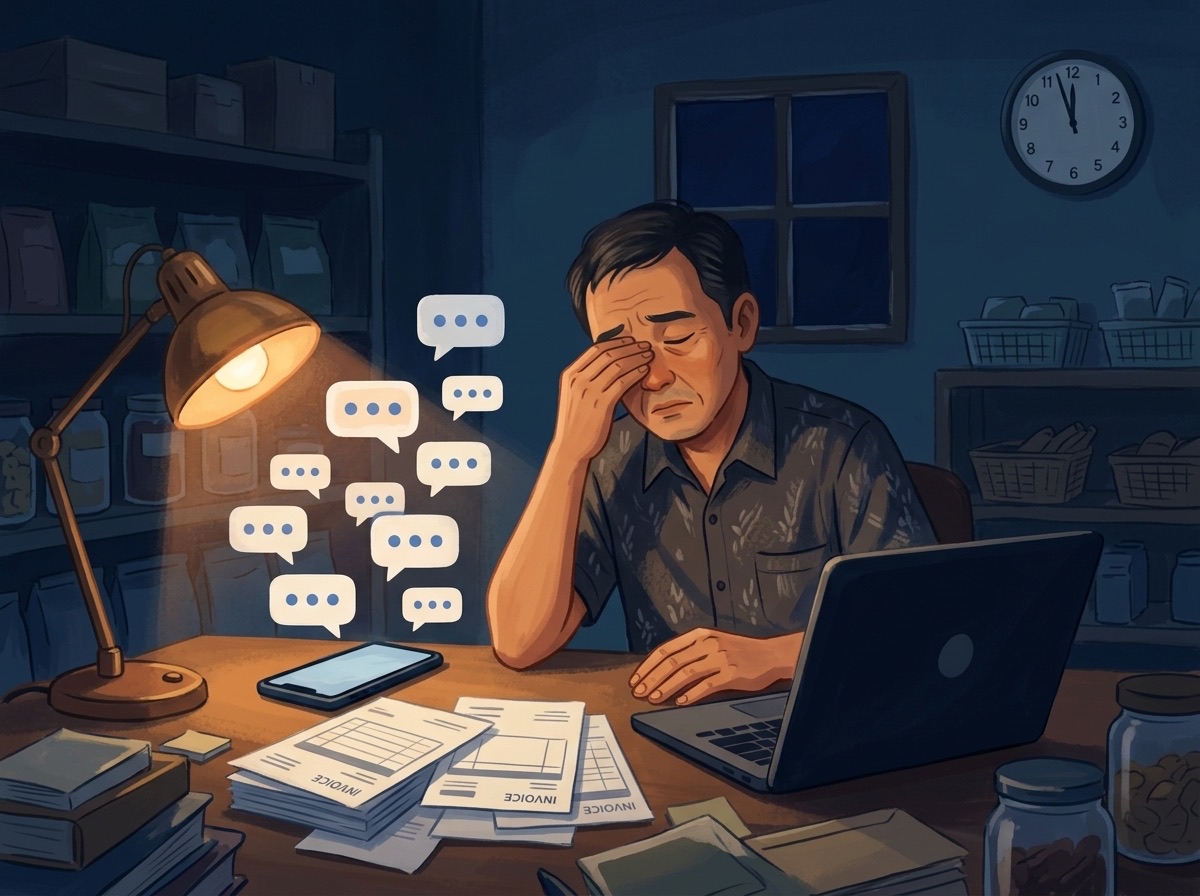 Pemilik usaha lembur malam hari membalas chat pelanggan di ponsel
