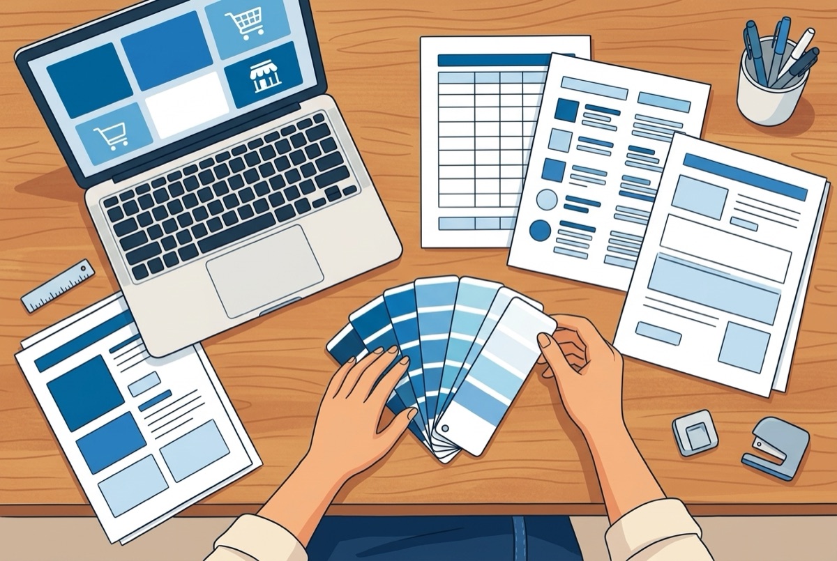 Meja kerja dengan laptop, palet warna, dan dokumen